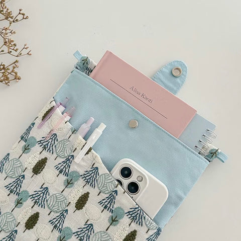 Delux Embroidered Book Sleeve, Blue Trees