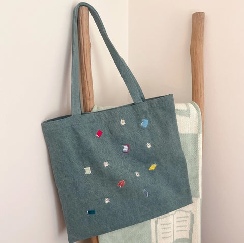 Denim Embroidered Book Tote